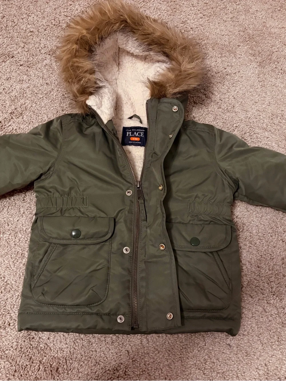 The Children's Place Olive Green Hooded Puffer Jacket with Faux-Fur Trim